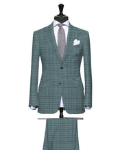 Load image into Gallery viewer, Sartorial Green with Light Blue Pattern, Super 160, Linen Silk Wool Blend
