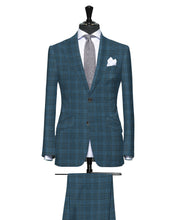 Load image into Gallery viewer, Multi Layered Shades of Blue with Brown Plaid Pattern, Super 160, Linen Silk Wool
