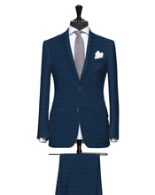 Load image into Gallery viewer, Blue with Subtle Burgundy Check, Super 160, Linen Silk Wool Blend
