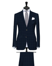 Load image into Gallery viewer, Navy Blue with Green Windowpane, Super 150, Wool
