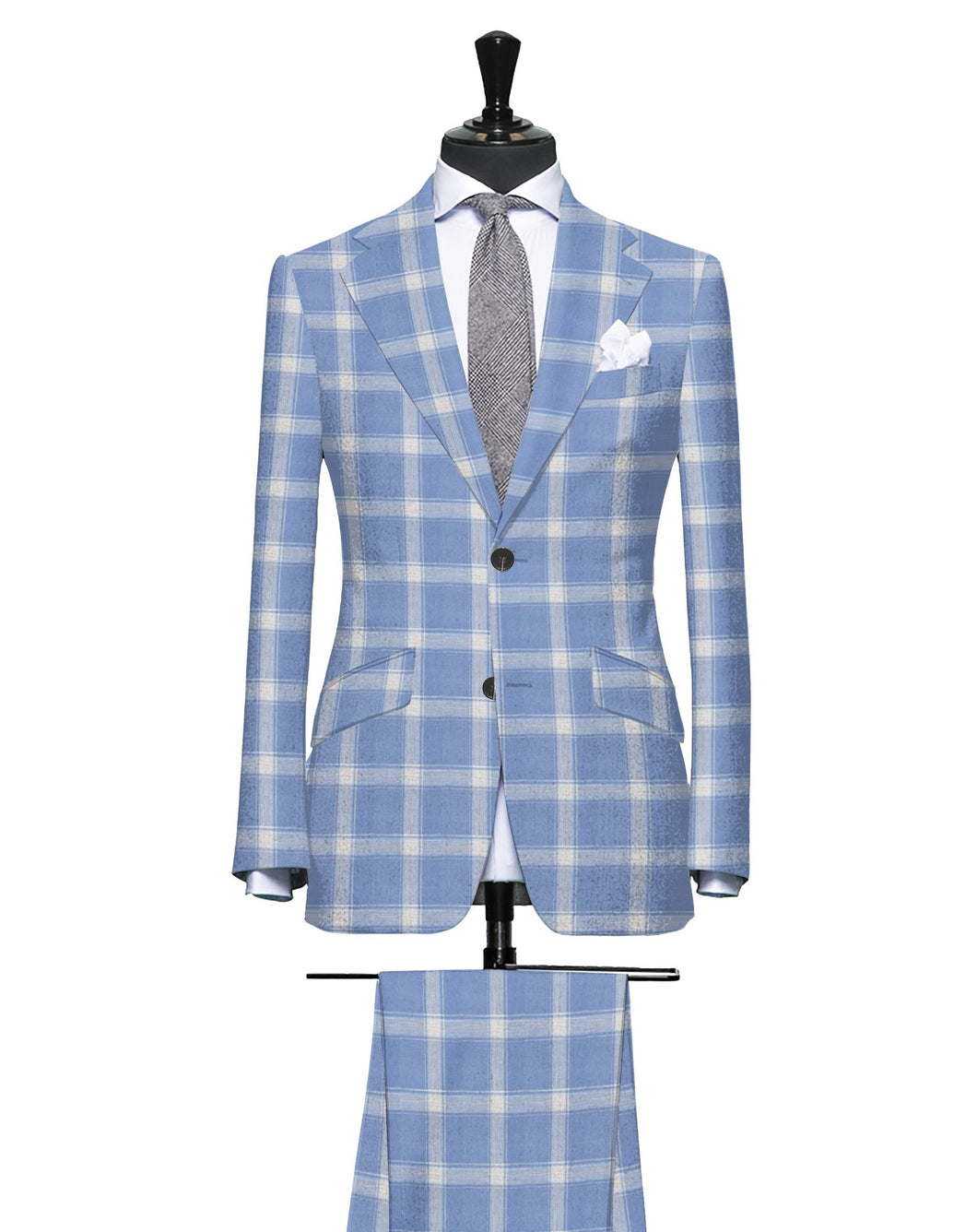 Light Blue with Subtle Tan and Cream Large Plaid Pattern, Supper 140, Wool