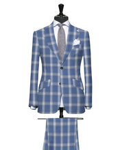 Load image into Gallery viewer, Grayish Blue with Tan and Cream Large Plaid Pattern, Super 140, Wool
