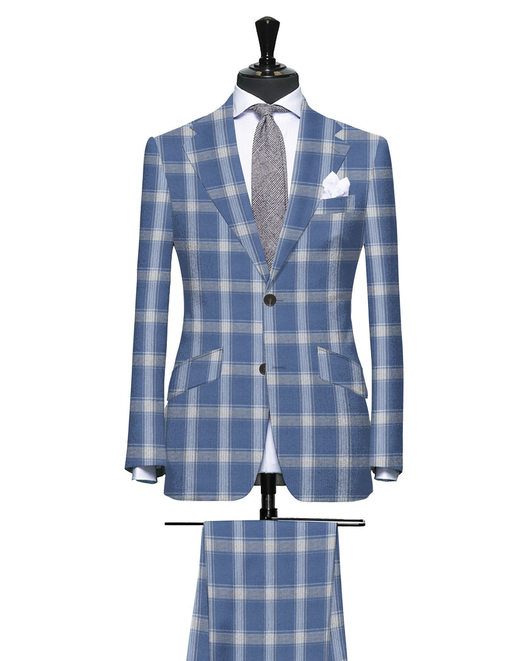 Grayish Blue with Tan and Cream Large Plaid Pattern, Super 140, Wool