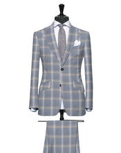 Load image into Gallery viewer, Grey with Tan and Light Blue Large Plaid Pattern, Super 140, Wool
