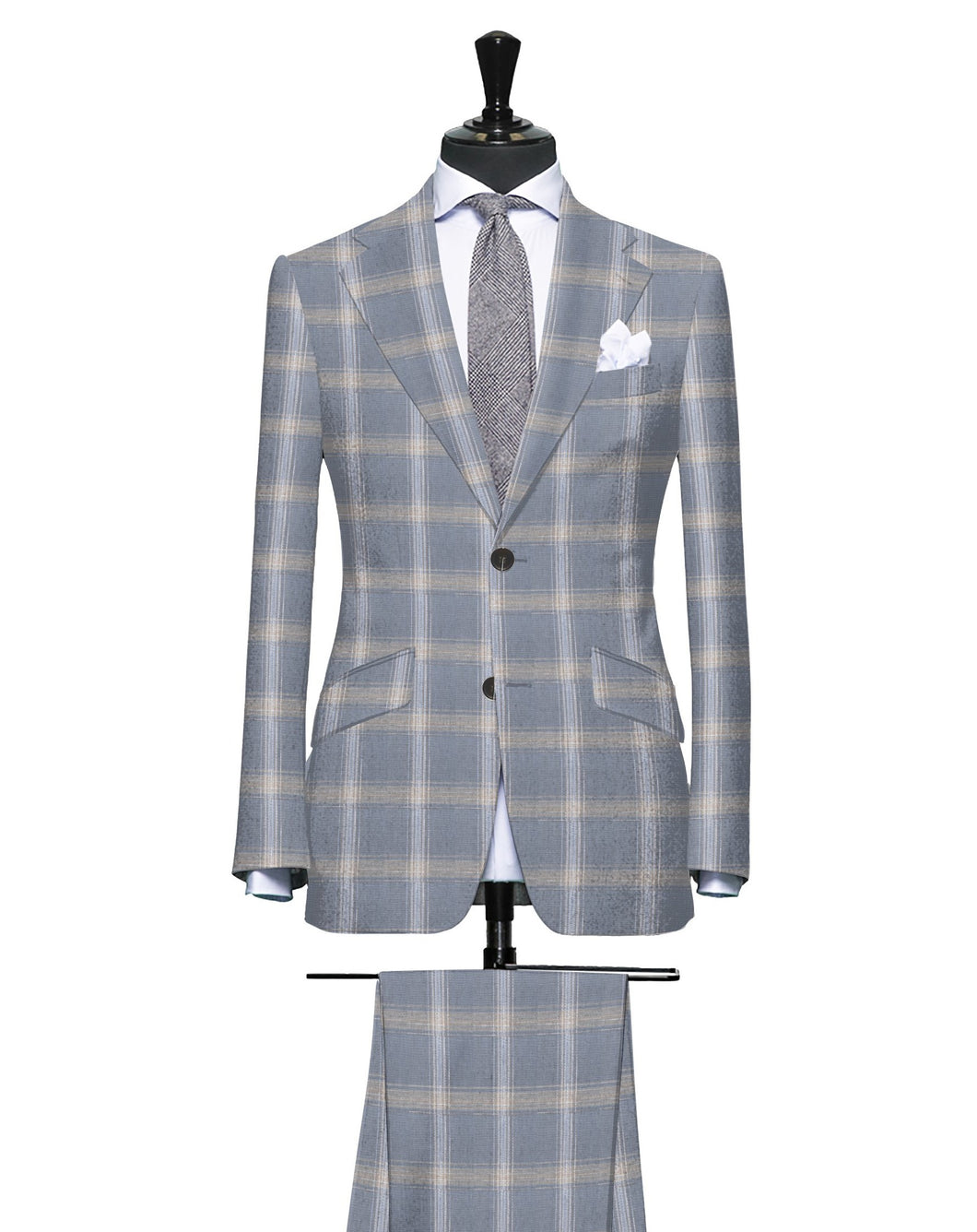 Grey with Tan and Light Blue Large Plaid Pattern, Super 140, Wool