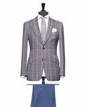 Load image into Gallery viewer, Tan and Light Blue Large Plaid Pattern with Matching Blue Pants, Super 150, Wool
