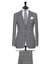 Load image into Gallery viewer, Grey and Charcoal with Light Blue Glen Plaid, Super 150, Wool
