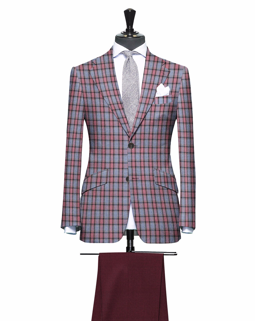 Pink and Baby Blue Plaid Pattern, Matching Burgundy Pants, Super 150, Wool
