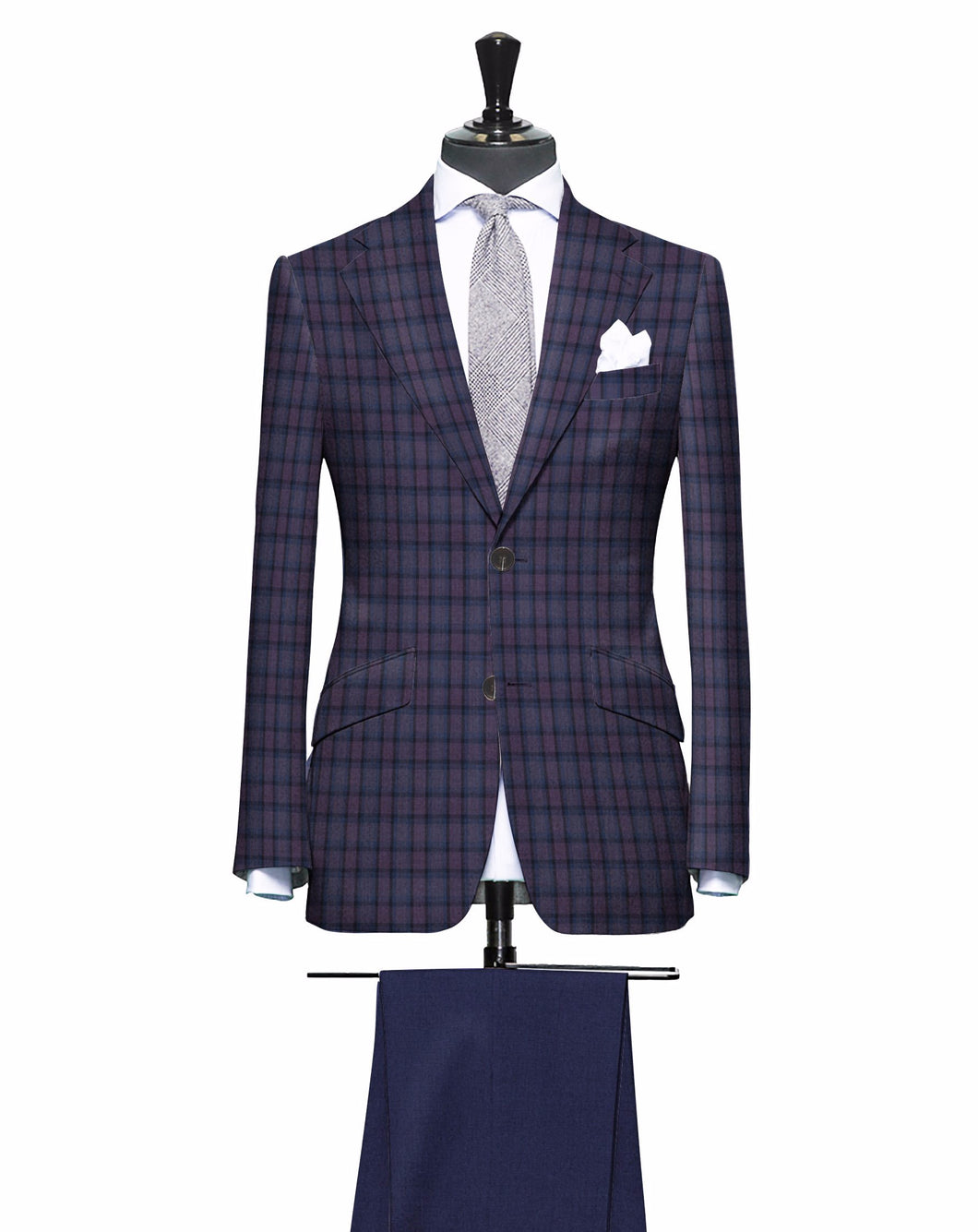 Deep Plum and Blue Plaid Pattern with Matching Pants, Super 150, Wool