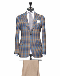 Tan and Blue Check Pattern with Matching Tan Pants, Super 150, Wool