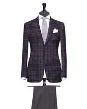 Load image into Gallery viewer, Burgundy Blue and Grey Check Pattern with Matching Grey Pants, Super 150, Wool
