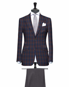 Burgundy Blue and Grey Check Pattern with Matching Grey Pants, Super 150, Wool